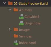 Собранный проект в текущем состоянии. В корне директории для сборки находится «index.html», а в поддиректории «Animals» — «Cats.html» и «Dogs.html». Также, в поддиректории «images» находятся файлы изображений.