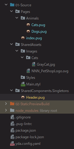 Обновлённая структура тестового проекта. В директорию «01-Source/Pages/Animals» были добавлены файлы «Cats.pug» и «Dogs.pug», а в «01-Source/SharedComponents/Singletons» — «Header.pug».